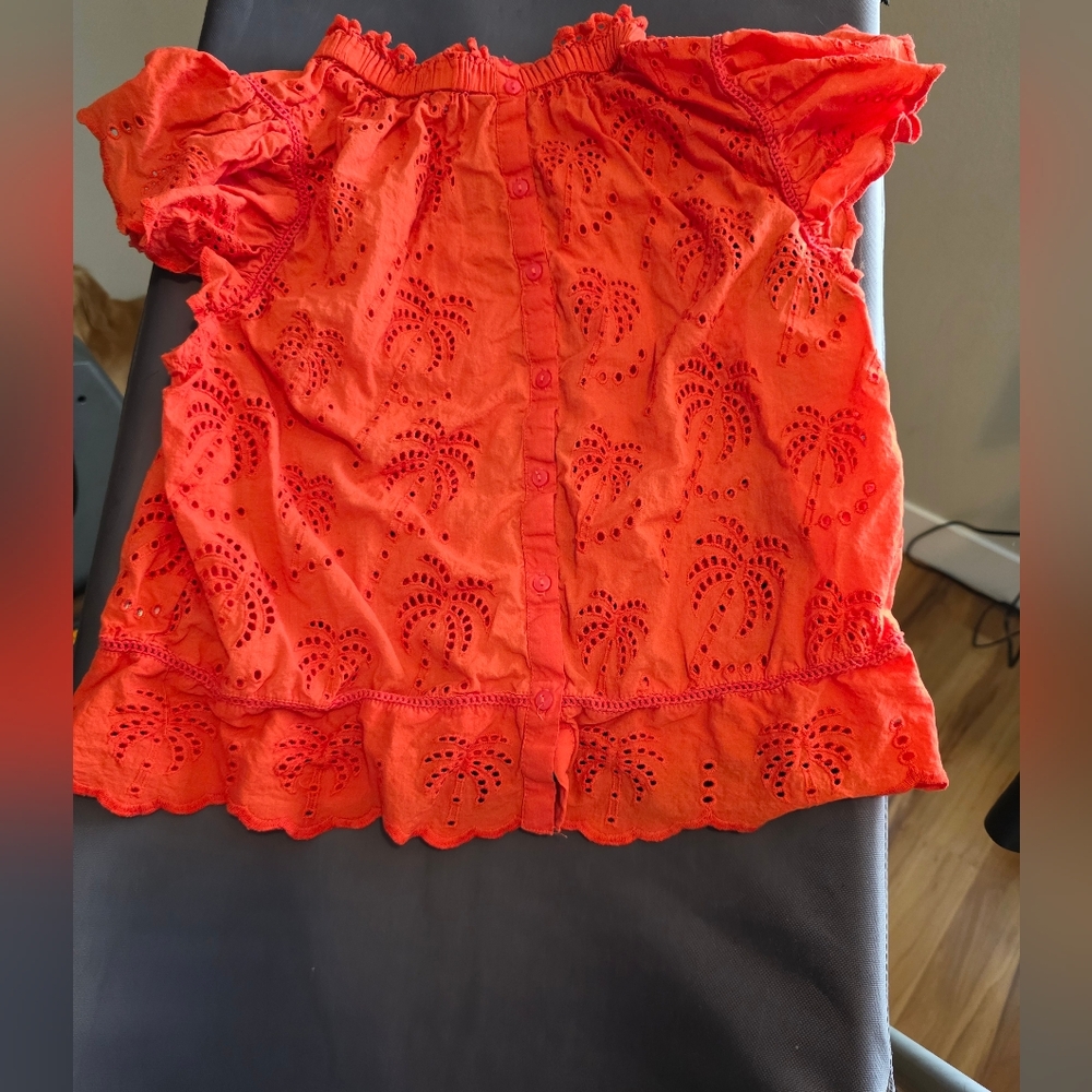 Bright Orange Eyelet Top With Palm Trees